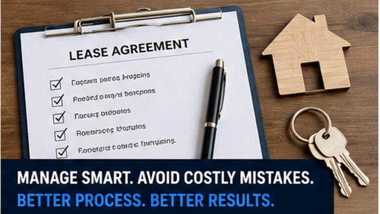 Lease checklist, pen, house symbol, and keys representing common mistakes made by self-managing landlords.