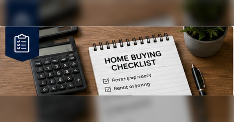 Home-buying checklist, calculator, and pen representing the steps after a Texas offer is accepted.