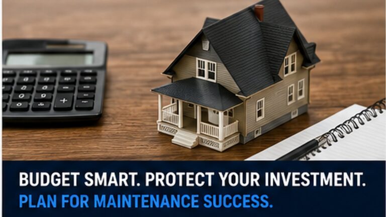 House model, calculator, and planning notebook representing a rental property maintenance budget for DFW landlords.